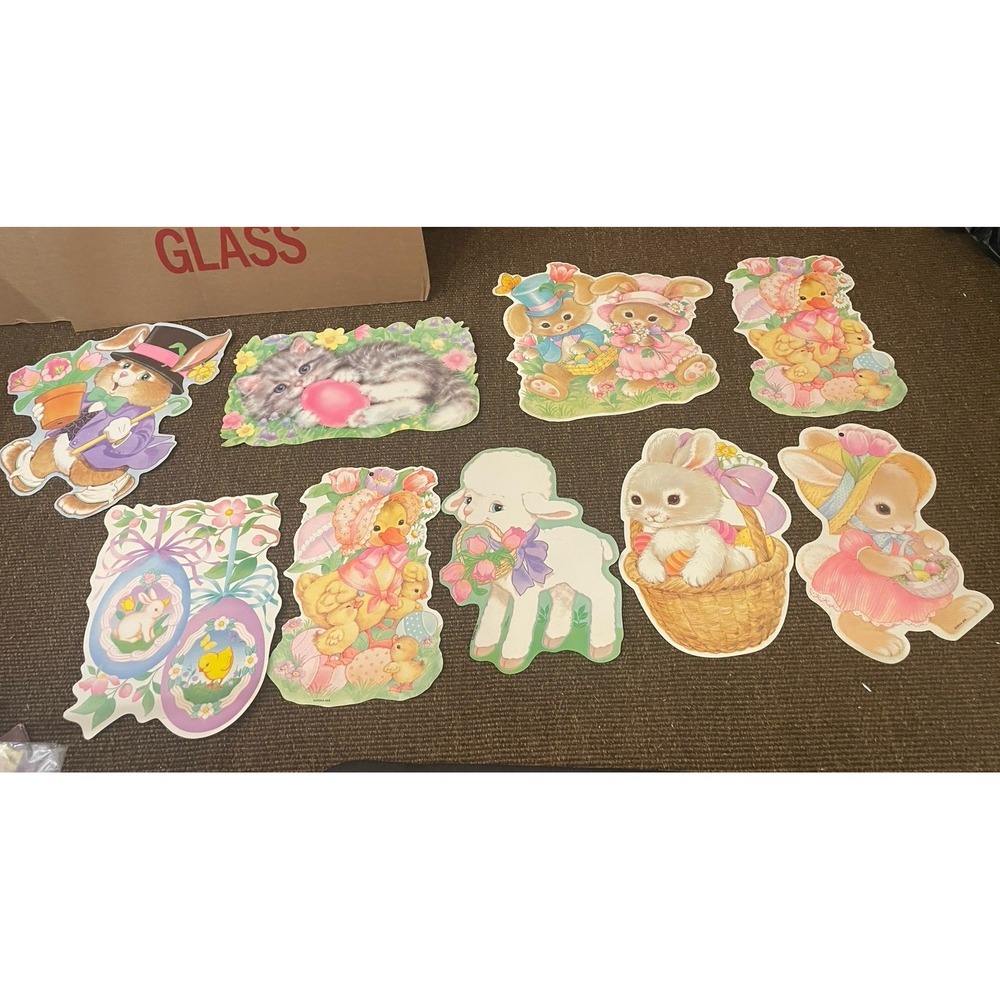 9 Vtg Eureka 2 Sided Die Cut Easter Wall Decorations Bunnies Ducks Baskets Decor